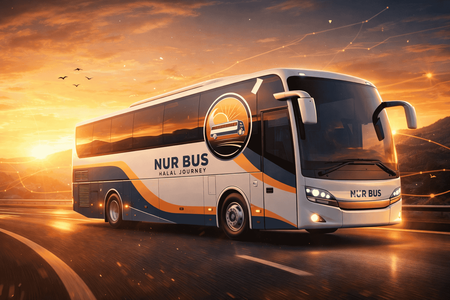 Nur Bus luxury coach on scenic highway at golden hour sunset